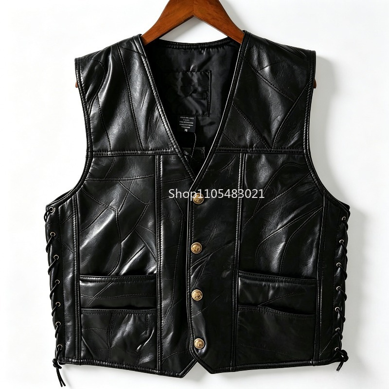 Sewing Vest - Gilet da motociclista in pelle nera